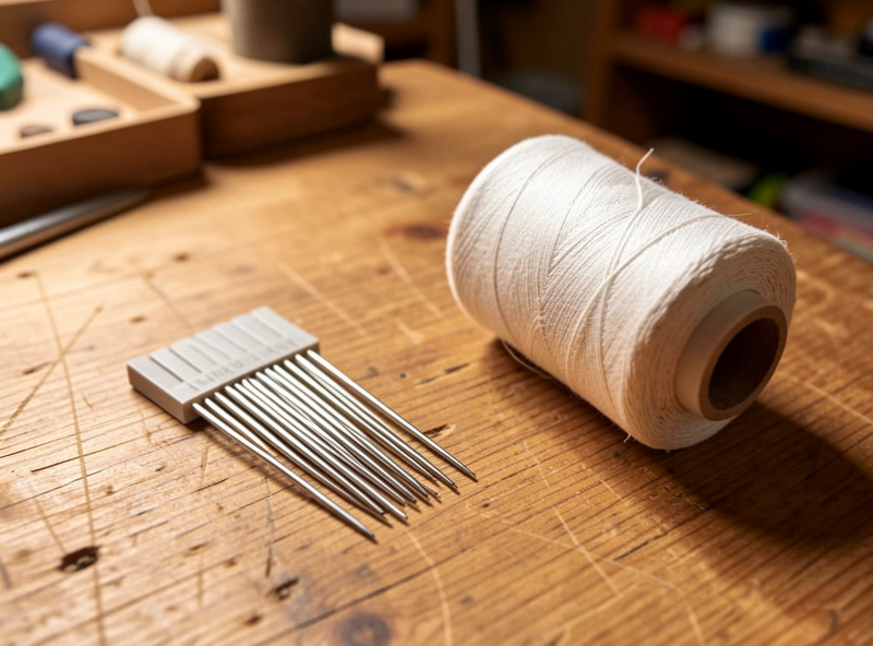 A pack of industrial 135x16 leather sewing machine needles next to a cone of bonded thread on a workshop bench