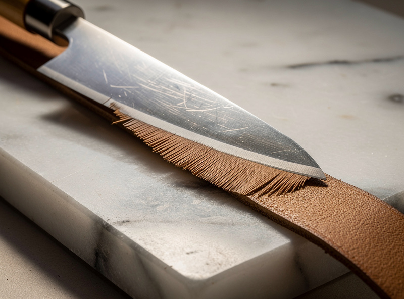 A Japanese single-bevel leather skiving knife resting on a marble slab beside a feathered skive on a vegetable-tanned leather strip, showing the thinned flesh side