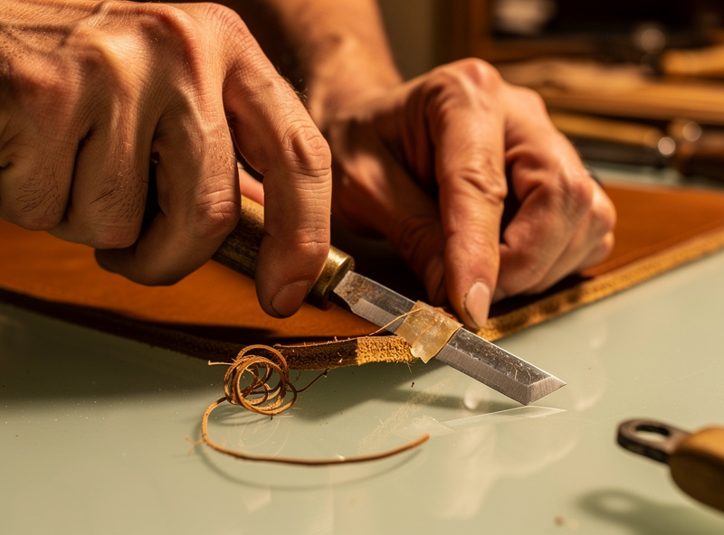 Hands holding a skiving knife at a low angle pushing a thin translucent shaving off the flesh side of leather on a glass cutting surface