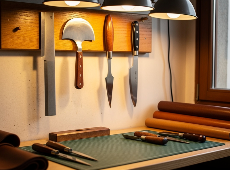 A wall-mounted collection of leather skiving knives including a Japanese kawa-bocho, a round head knife, a French paring knife, and a safety skiver above a leather workbench