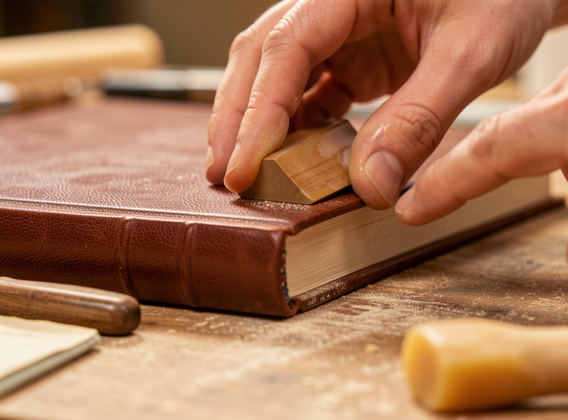 Slicking a leather book spine edge with a hardwood slicker and Tokonole on a workbench