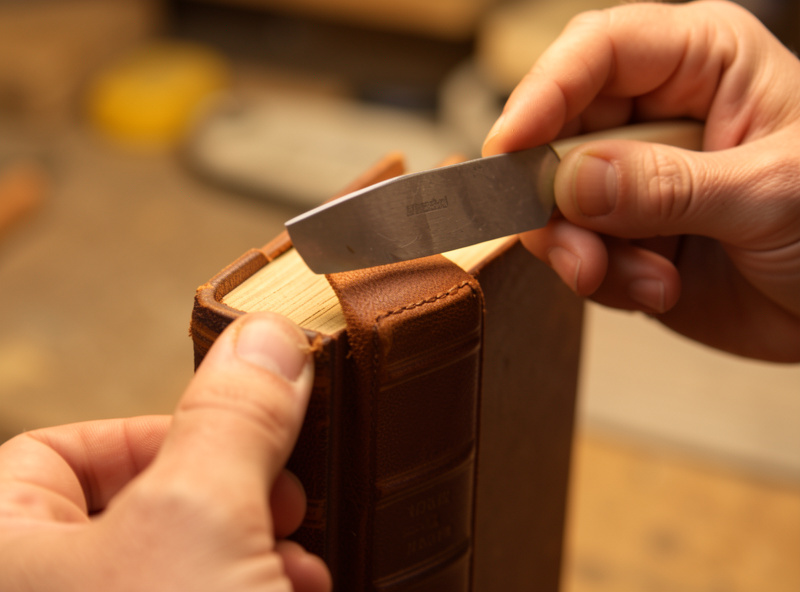 Forming a headcap at the head of a leather book spine with a bone folder
