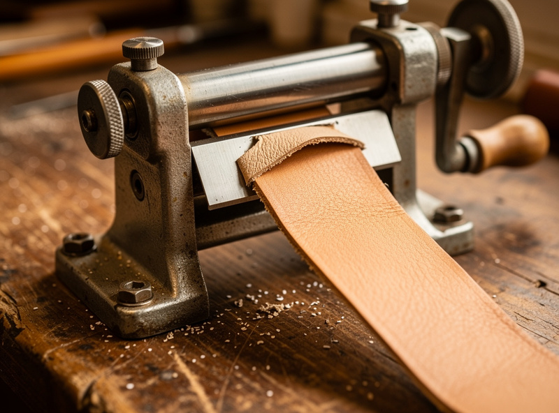 A bench-mounted hand-crank leather splitter beside a powered bell skiver machine, with a vegetable-tanned leather strap being fed through the splitter, workshop setting in warm light