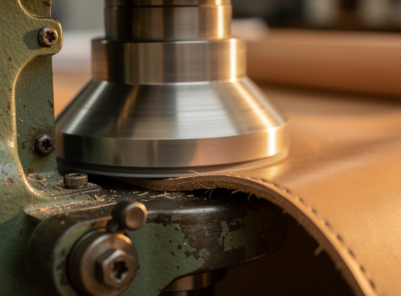 Close-up of a bell skiver machine spinning bell blade feathering the edge of a piece of leather, showing the tapered skived margin curling away under the presser foot