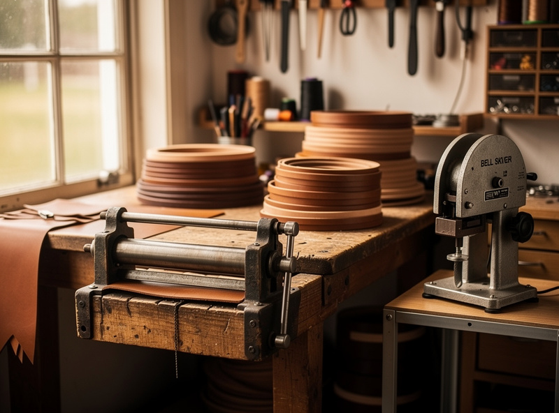 A small leather workshop with a bench-mounted splitter clamped to a workbench and a powered bell skiver on a stand, stacks of matched-thickness leather straps nearby, warm light