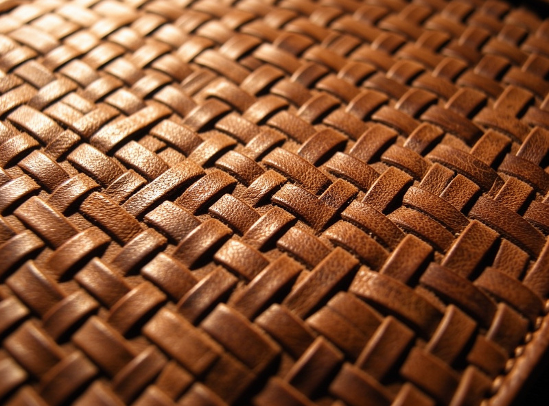 Close-up of an even interlocking basketweave stamped field on vegetable-tanned leather