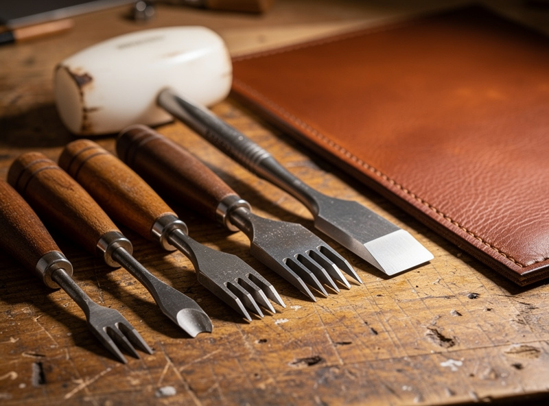 Matched set of leather punching chisels in 2-prong, 4-prong and 10-prong sizes arranged on a workshop bench beside a poly mallet and a brown leather panel