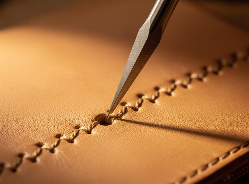 Close-up of a diamond awl piercing a hole marked by a pricking iron in tan vegetable-tanned leather, with the slanted stitch line visible