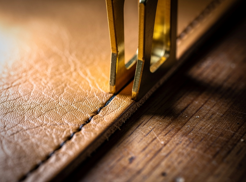 A brass wing divider set to mark a stitch line a consistent distance from the edge of tan vegetable-tanned leather on a workshop bench