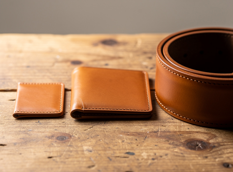 Three leather pieces of different thickness side by side showing tighter and wider stitch margins from the edge, a thin card holder, a wallet, and a thick belt