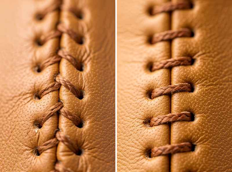 Macro comparison of two leather seams, one with loose droopy stitches from thread too thin for the holes and one with snug well-seated stitches, on tan leather