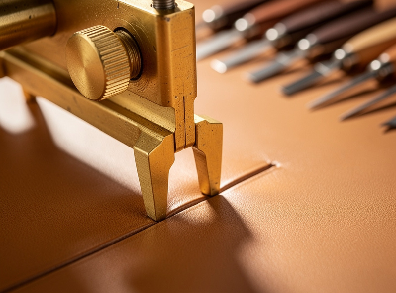 A wing divider scoring a stitch guide line a fixed distance from the edge of tan leather, with stitching chisels lined up to follow the line