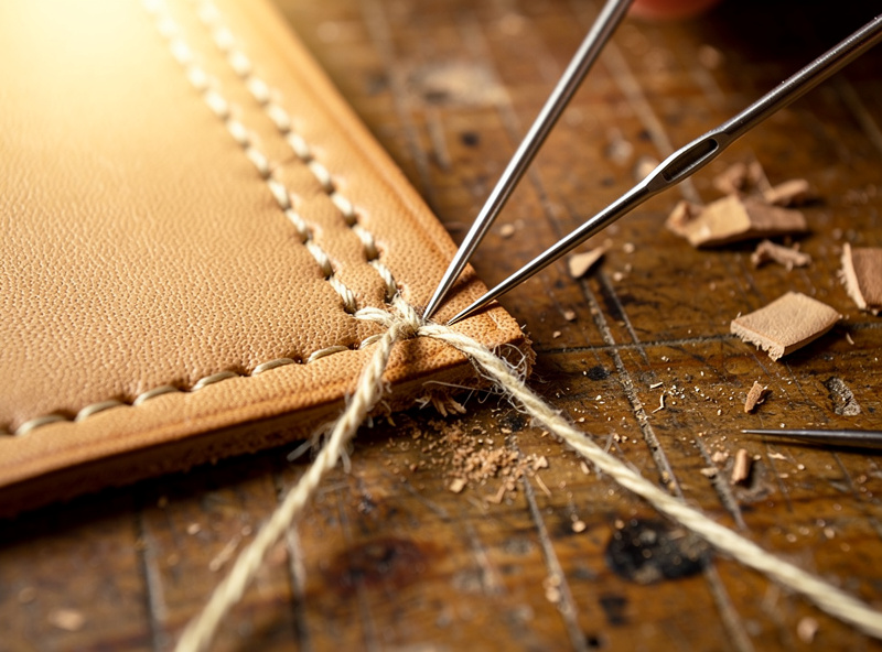 A section of leather stitching being unpicked and re-stitched through existing holes with two harness needles to correct a faulty stitch line, tan leather