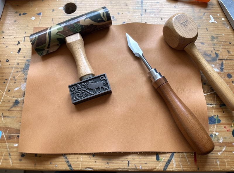 Beginner leather tooling starter set with swivel knife, beveler, camouflage stamp and poly mallet on a workbench