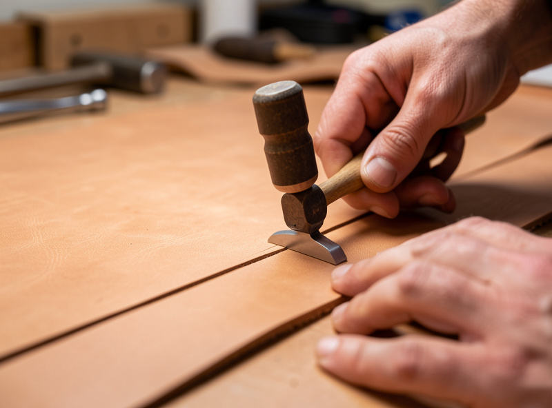 Beginner practicing beveling along a cut line on cased leather with a smooth beveler and poly mallet