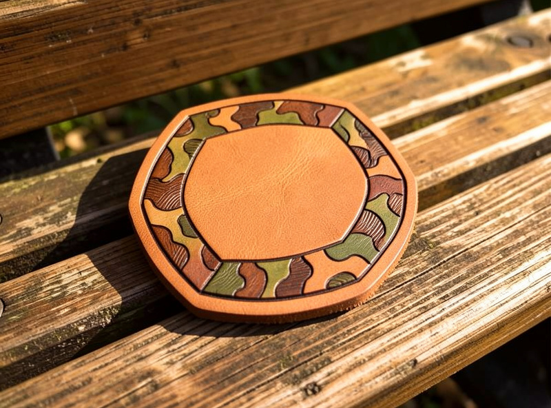 A beginner's first finished tooled leather coaster with a camouflage border and simple beveled design
