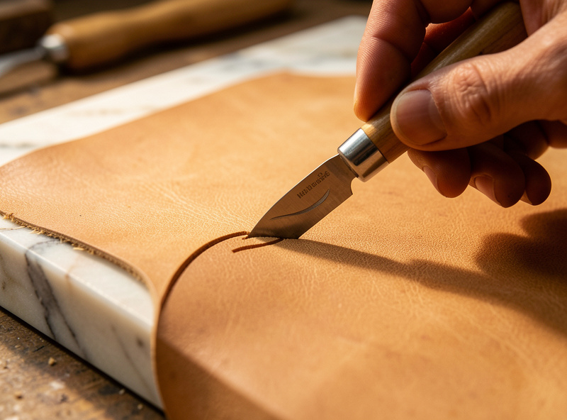 Cased vegetable-tanned leather panel on a marble slab with a swivel knife mid-cut