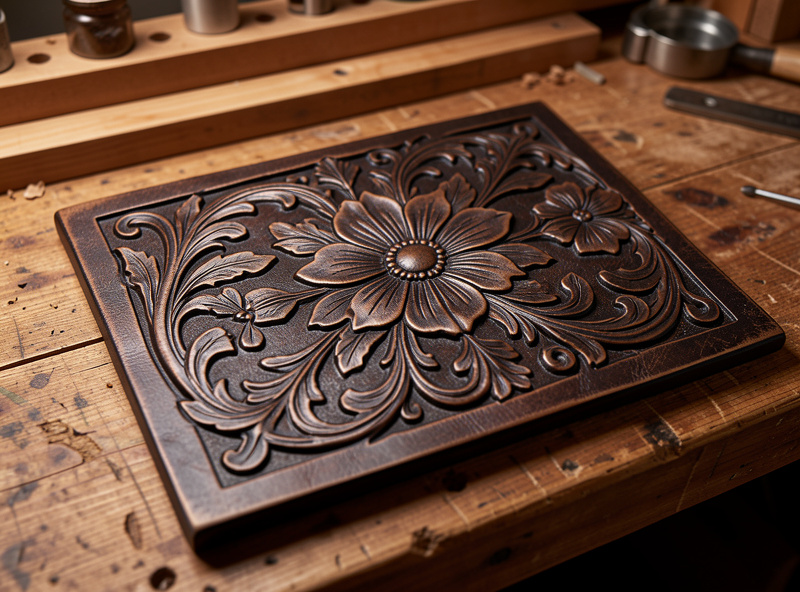 Finished tooled leather panel with antique finish settled into the cut lines