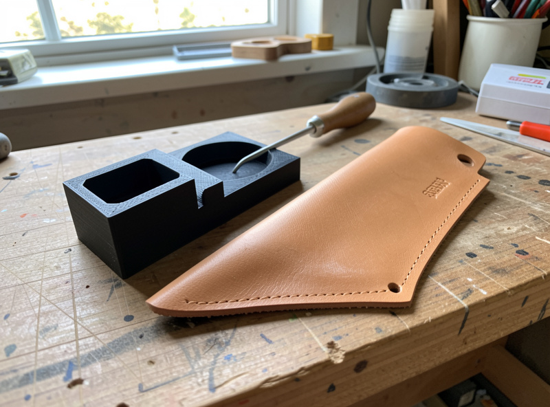 A 3D-printed form block and boning tool beside a wet-formed leather sheath
