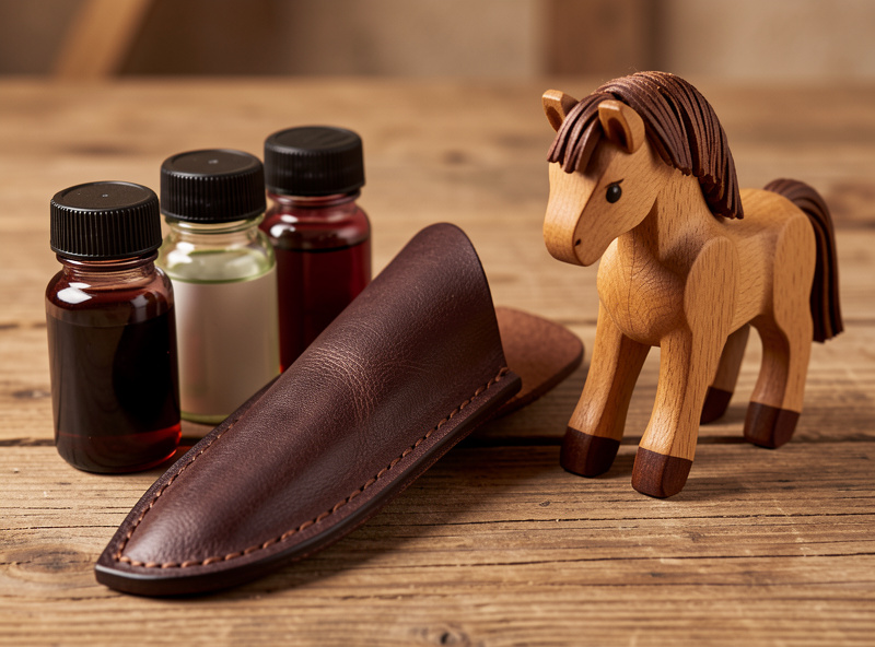 Finished dyed and stitched leather knife sheath next to dye bottles and a stitching pony