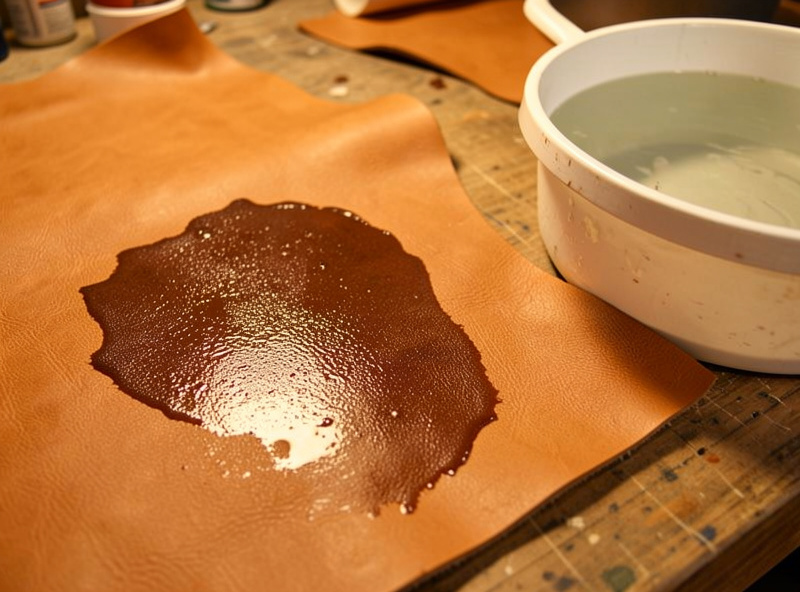 Tan vegetable-tanned leather being briefly dunked in a tub of water on a workshop bench