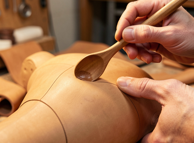 Hands using a hardwood modeling spoon to bone damp leather tight against a form