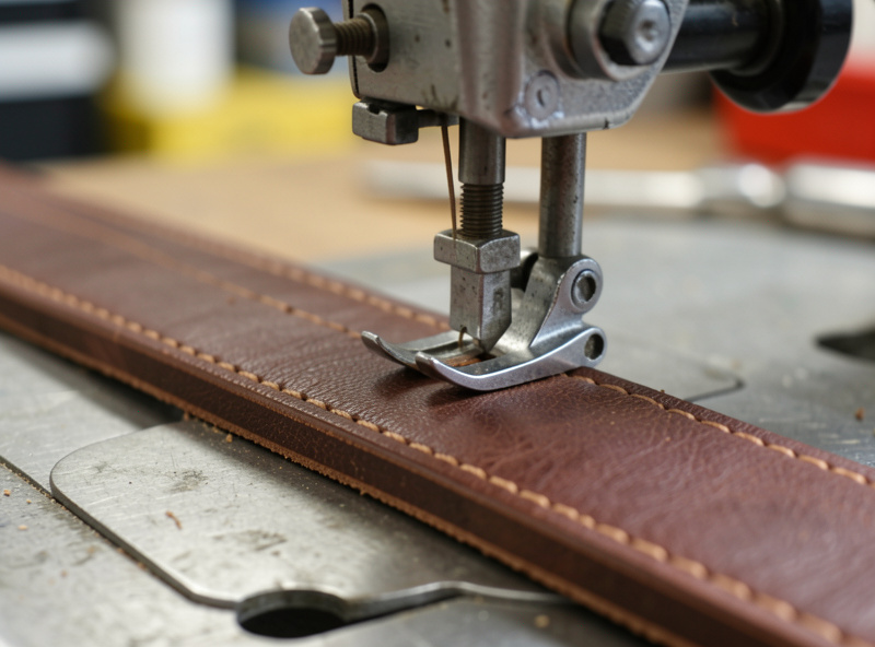 Compound-feed industrial leather sewing machine on a workshop bench with a leather belt under the presser foot