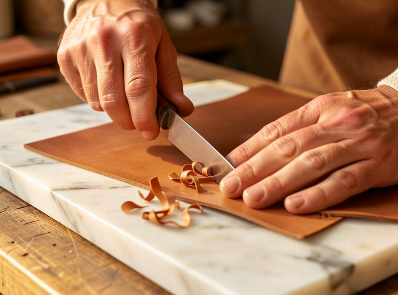 Leather edge being skived thin with a skiving knife to reduce bulk before machine sewing a folded seam
