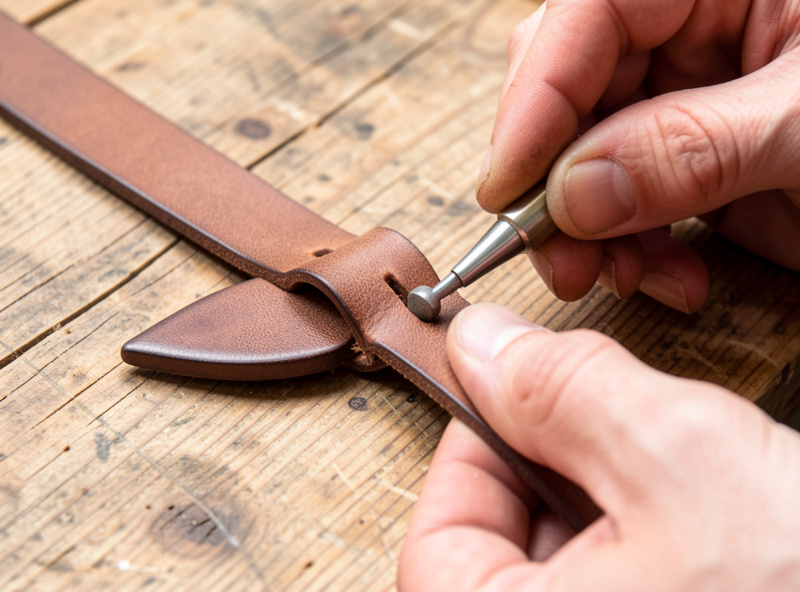 Belt tip being shaped with an English point and buckle slot punched at the fold end