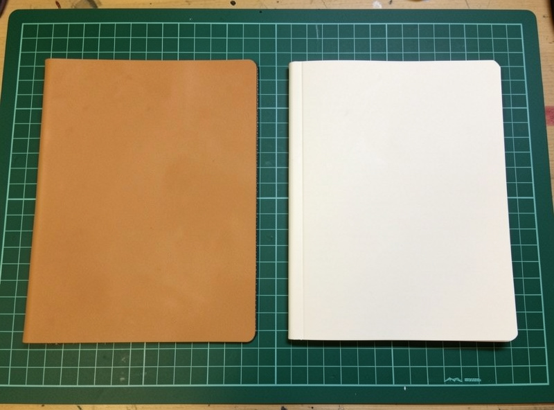Flat rectangle of 4-5 oz veg-tan leather cut for an A5 notebook cover with a notebook insert beside it on a workshop bench