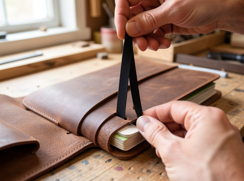 Vertical elastic band being threaded through spine holes of a leather traveler's notebook cover to hold the insert