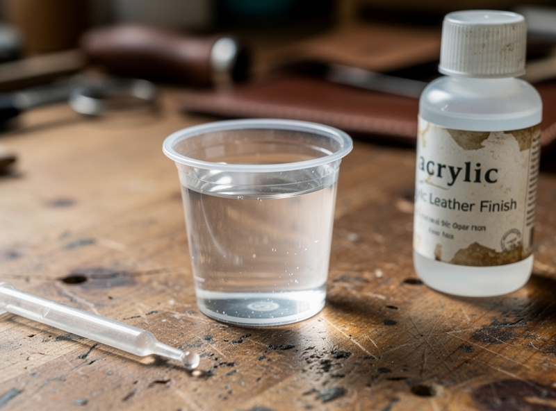 Mixing clear acrylic leather finish with water in a small cup to thin it fifty-fifty, a dropper and the bottle on a workshop bench