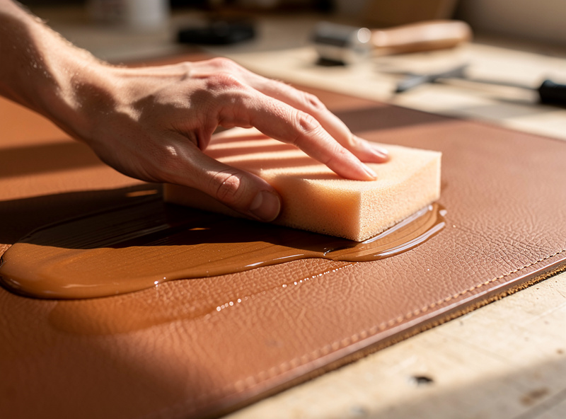 A hand wiping a thin even coat of clear acrylic finish over a dyed brown leather panel with a sponge in long smooth passes