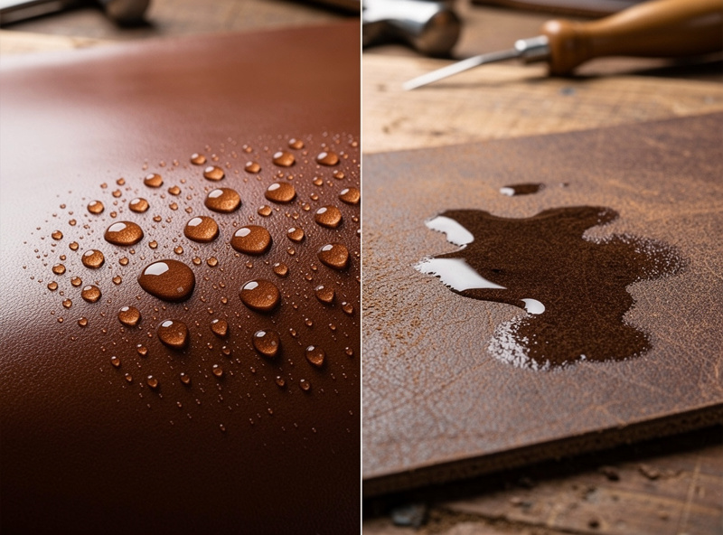 Water droplets beading on a sealed brown leather piece next to a matte unsealed leather sample for comparison