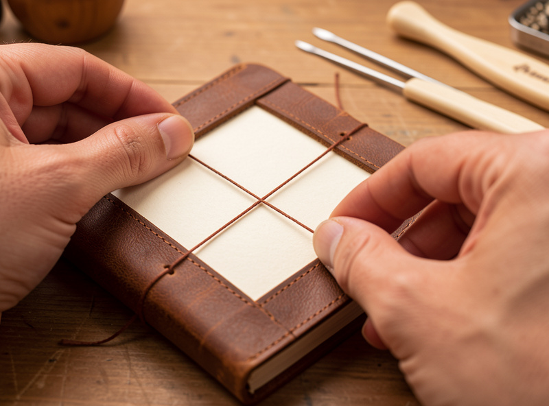 Hands pulling a two-needle stitch tight on a paper signature inside a leather journal cover