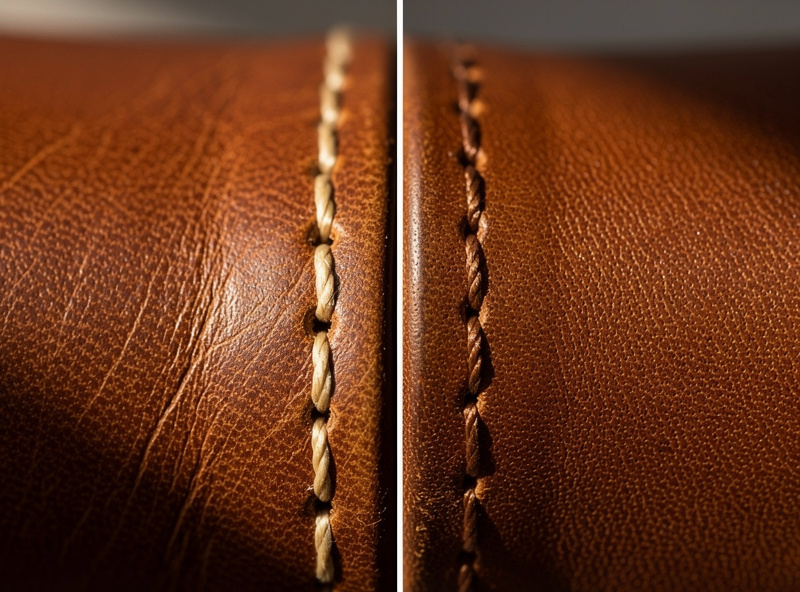 Side by side comparison of a hand saddle-stitched brown leather seam and a machine-stitched leather seam showing the difference in stitch structure