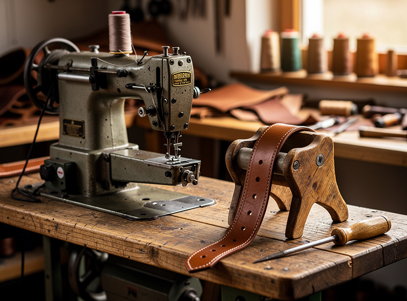 An industrial walking-foot leather sewing machine beside a hand stitching pony holding a leather belt, illustrating the two stitching methods