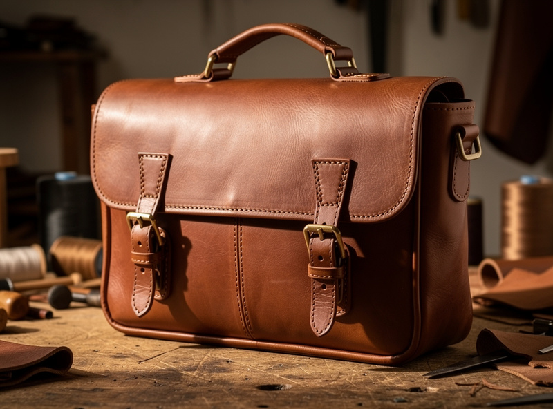 A finished brown leather messenger bag showing machine-stitched body panels and hand-saddle-stitched reinforced handle attachments
