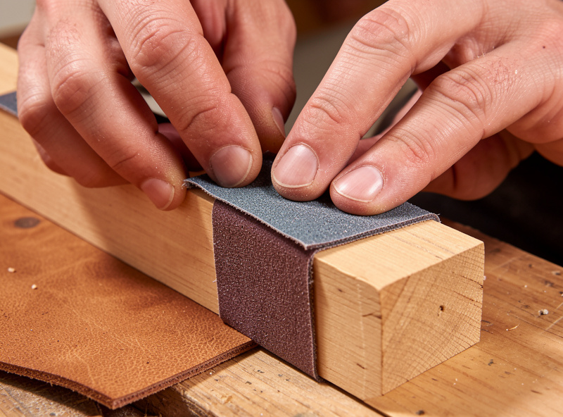 Sanding a leather edge with sandpaper wrapped around a hard flat block to keep the edge square