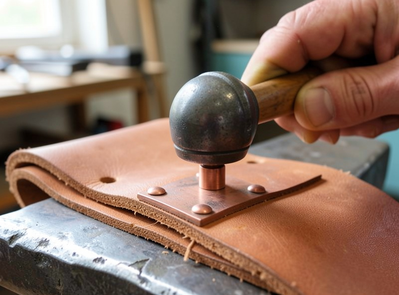 A hand striking a domed rivet setter with a maul to set a copper rivet through two layers of veg-tan leather on a steel anvil