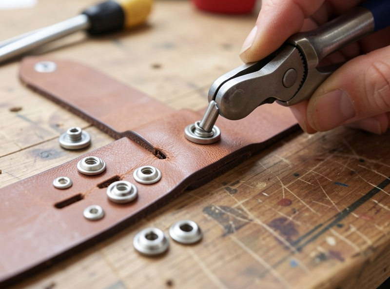 A line-twenty snap fastener being set into a leather strap with a snap setter and anvil base, the four snap components arranged nearby