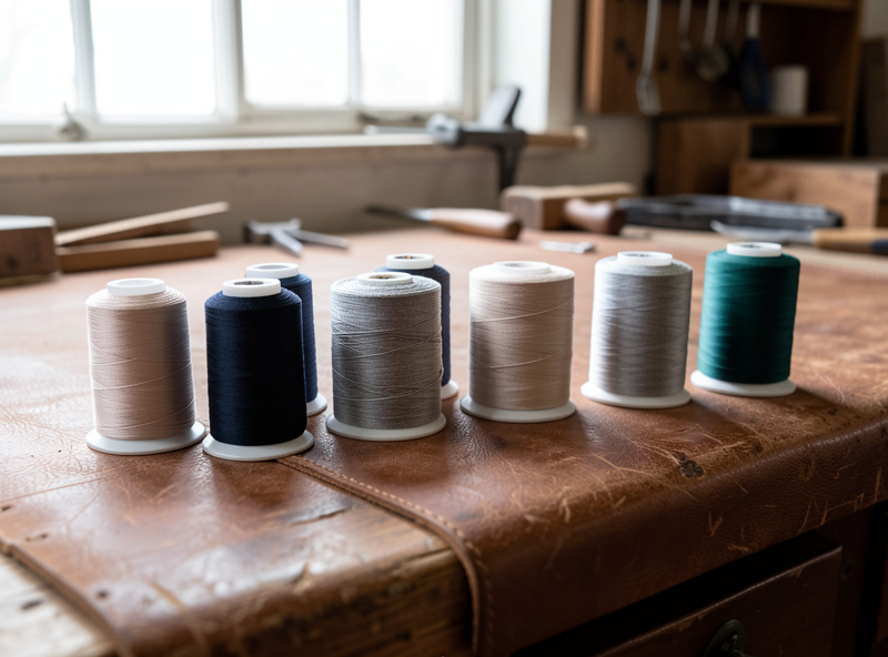 Cones of bonded nylon and polyester thread in several sizes lined up on a leather workshop bench