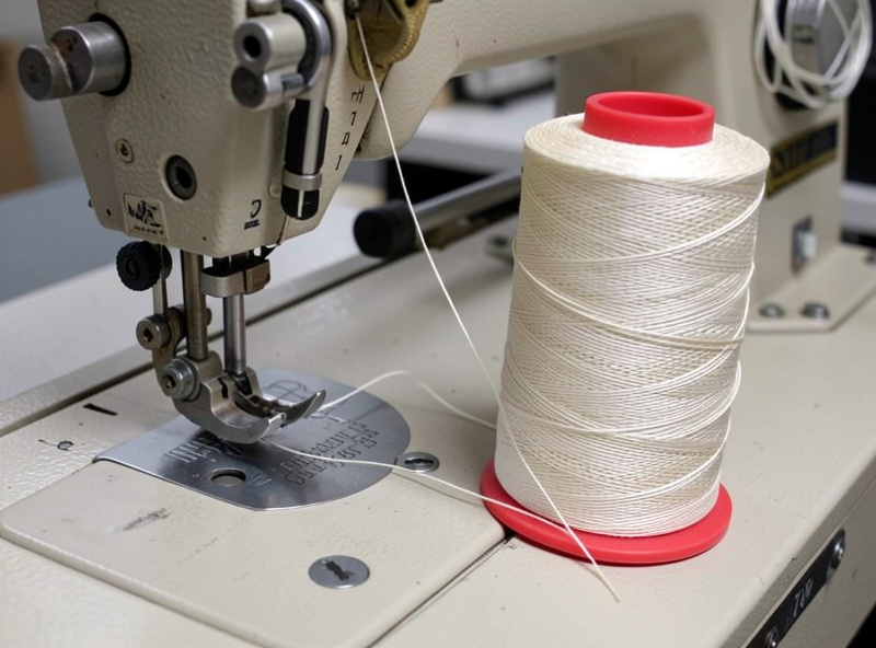 A bobbin being wound with bonded polyester thread next to the matching thread cone on top of an industrial sewing machine