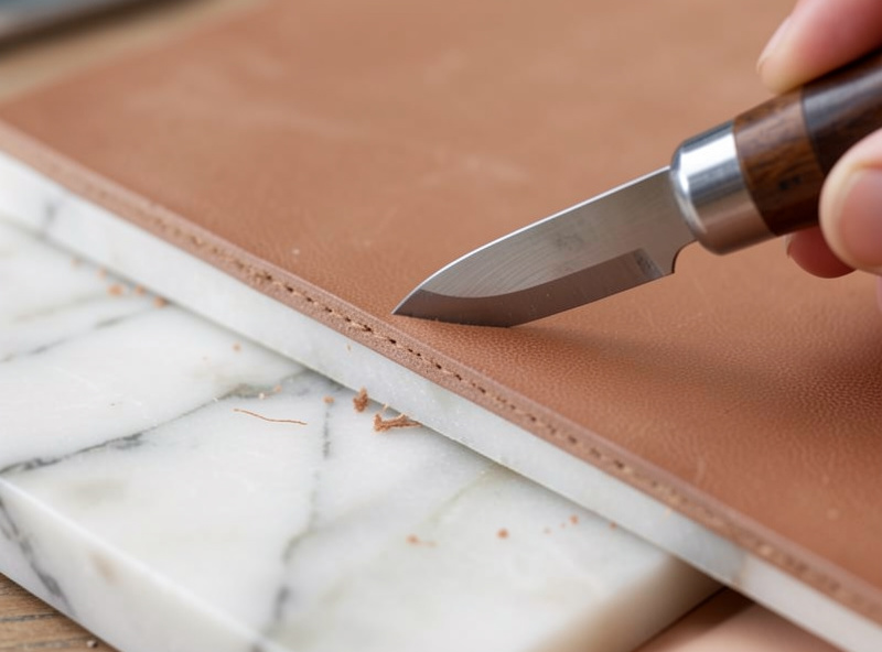 A leatherworker skiving the flesh side of a leather edge thin with a skiving knife on a marble slab
