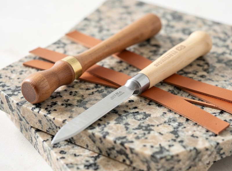 A safety skiver and a wide skiving knife laid on a granite slab beside skived leather strips