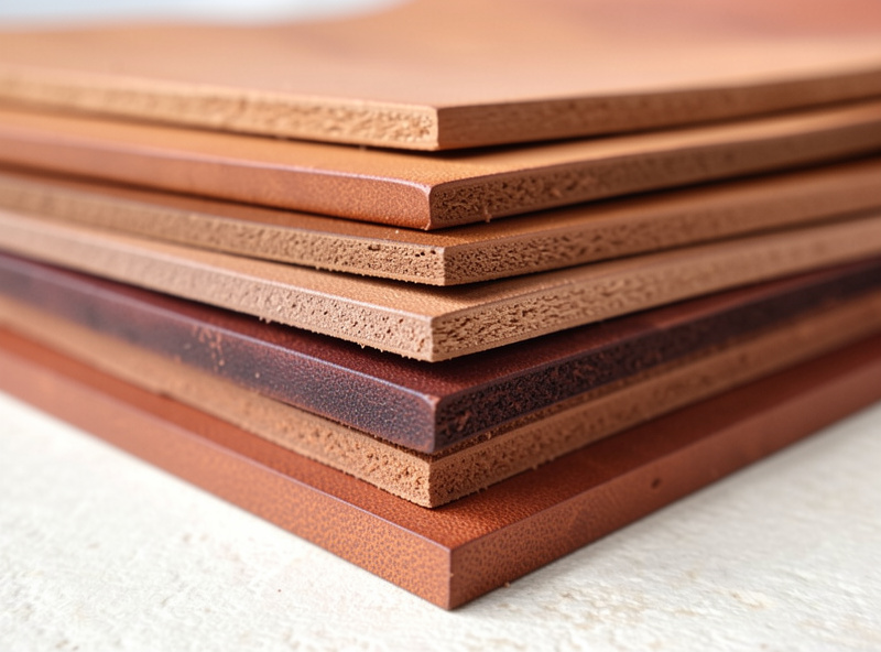 Stacked vegetable-tanned leather pieces in different weights from thin lining to thick belt leather