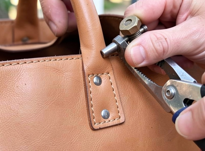 A tote handle end being riveted and box-stitched to the bag panel for load-bearing strength
