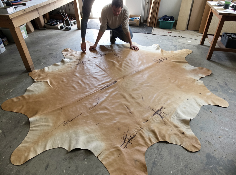 A large full upholstery leather hide laid flat on a workshop floor with natural range marks and scars visible