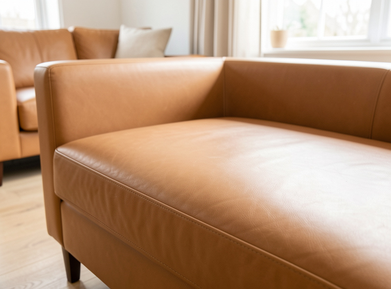 A tan leather sofa in a bright living room with a close view of the supple seat cushion surface