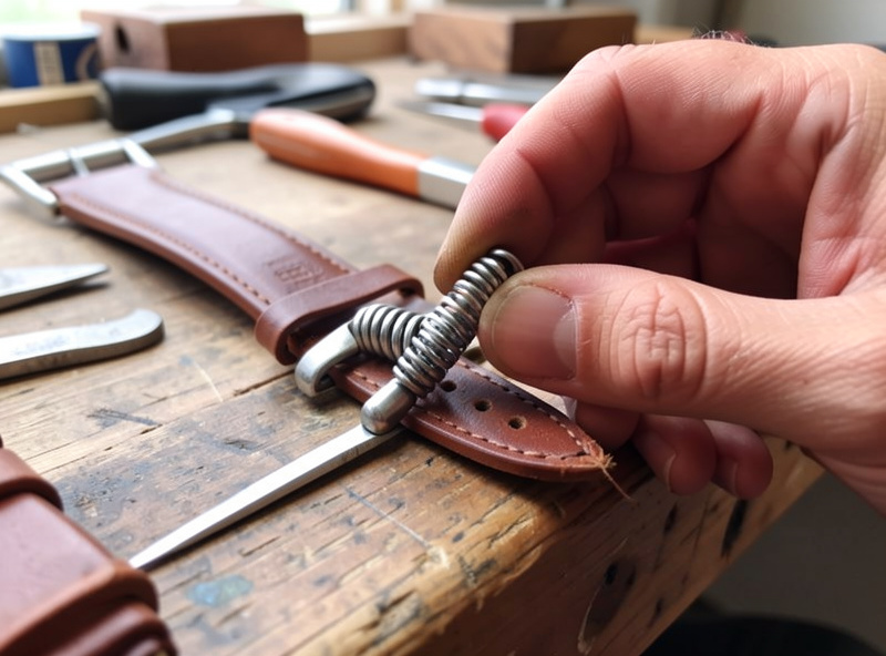 Spring bar being seated into the folded lug end of a leather watch strap with a spring bar tool